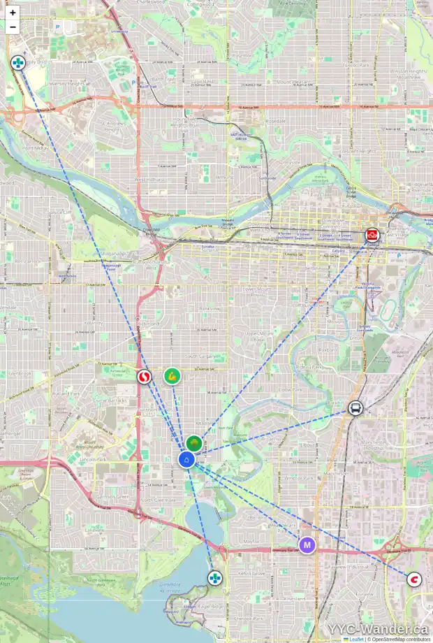 Daily accessibility map for 1941 49 AV SW, Calgary showing nearby schools, grocery stores, parks, LRT stations and nearby amenities