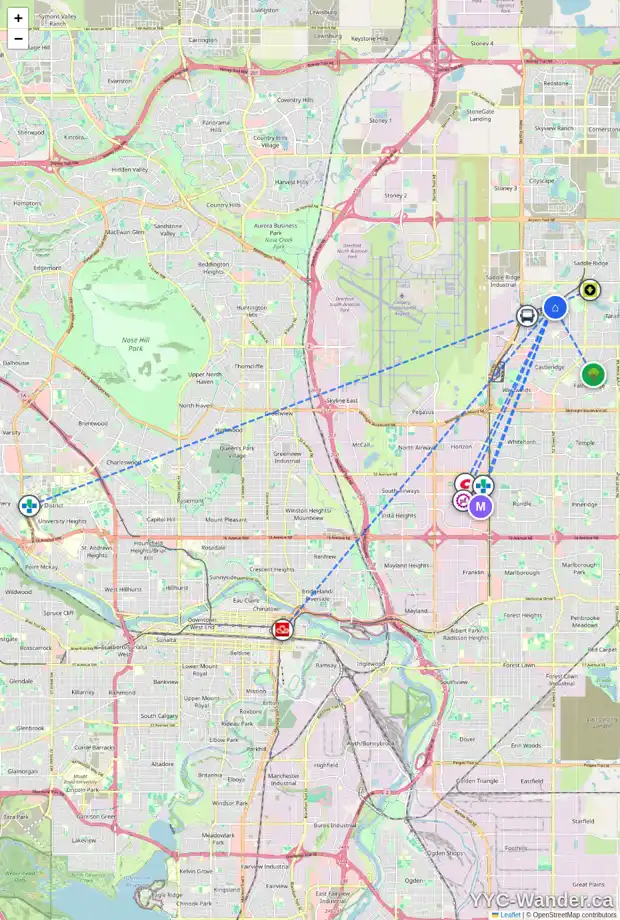 Daily accessibility map for 101 MARTIN CROSSING WY NE, Calgary showing nearby schools, grocery stores, parks, LRT stations and nearby amenities