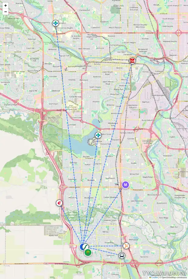 Daily accessibility map for 1216 16320 24 ST SW, Calgary showing nearby schools, grocery stores, parks, LRT stations and nearby amenities