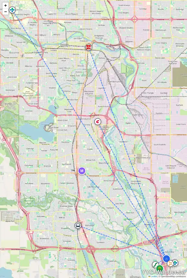 Daily accessibility map for 56 AUBURN SOUND TC SE, Calgary showing nearby schools, grocery stores, parks, LRT stations and nearby amenities