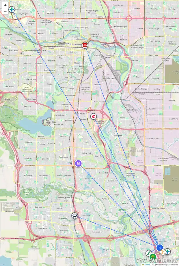 Daily accessibility map for 64 AUBURN SOUND TC SE, Calgary showing nearby schools, grocery stores, parks, LRT stations and nearby amenities