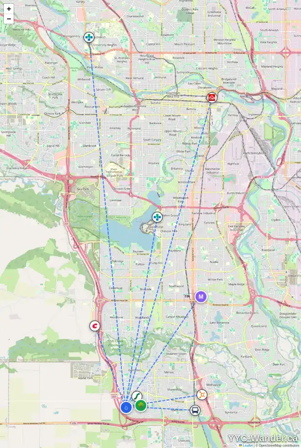Daily accessibility map for 48 BRIDLECREST CO SW, Calgary showing nearby schools, grocery stores, parks, LRT stations and nearby amenities