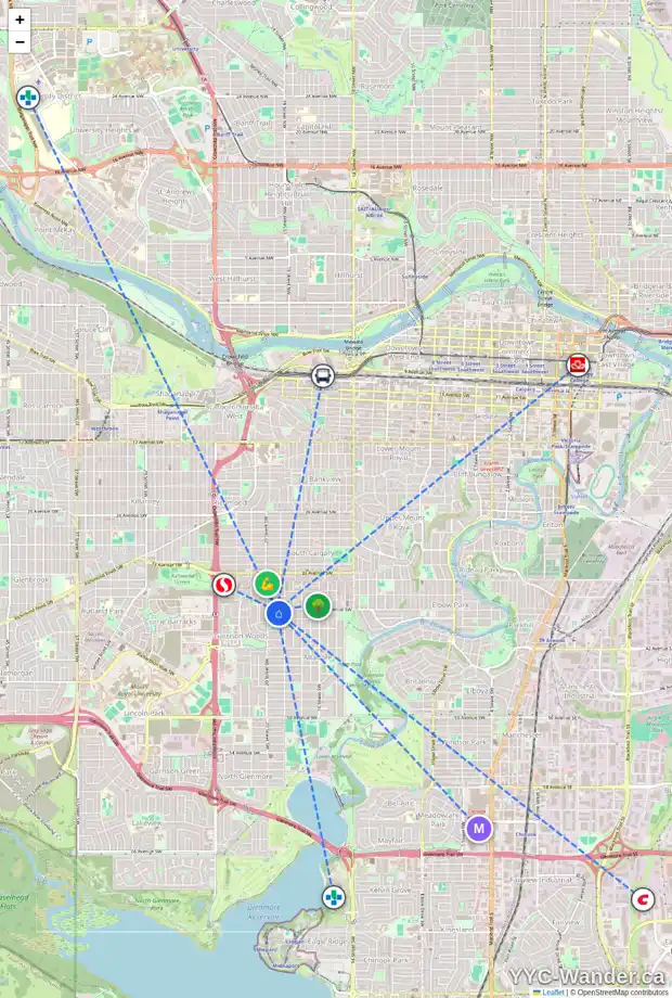 Daily accessibility map for 2024 38 AV SW, Calgary showing nearby schools, grocery stores, parks, LRT stations and nearby amenities