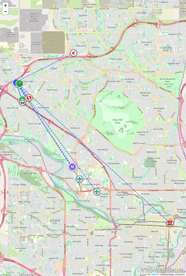 Daily accessibility map for 93 ARBOUR STONE RI NW, Calgary showing nearby schools, grocery stores, parks, LRT stations and nearby amenities