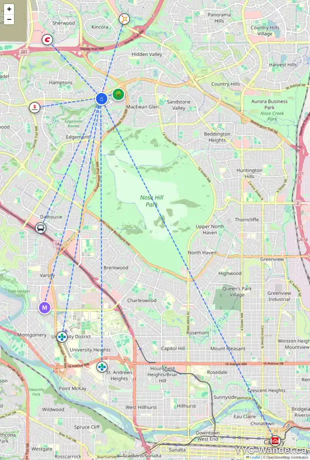 Daily accessibility map for 113 108 EDGERIDGE TC NW, Calgary showing nearby schools, grocery stores, parks, LRT stations and nearby amenities