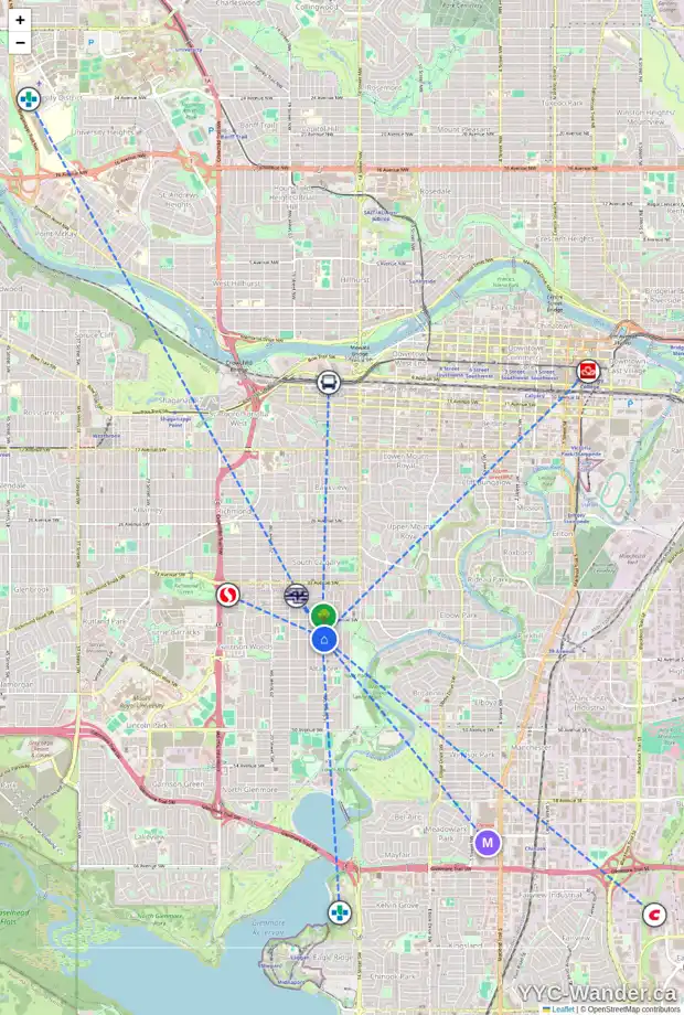Daily accessibility map for 4023 16 ST SW, Calgary showing nearby schools, grocery stores, parks, LRT stations and nearby amenities