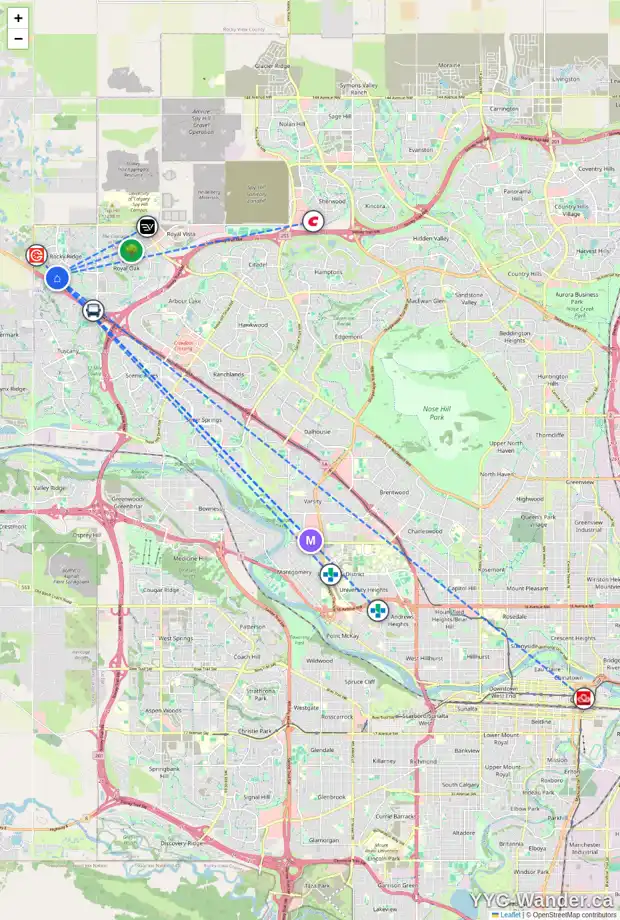 Daily accessibility map for 5 140 ROCKYLEDGE VW NW, Calgary showing nearby schools, grocery stores, parks, LRT stations and nearby amenities