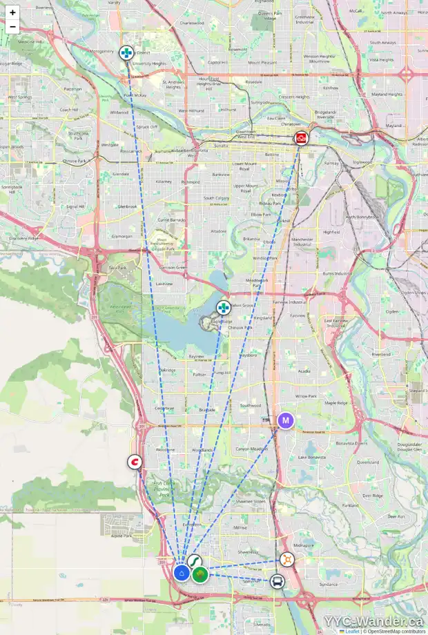 Daily accessibility map for 16 BRIDLECREST PL SW, Calgary showing nearby schools, grocery stores, parks, LRT stations and nearby amenities