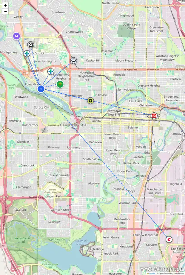 Daily accessibility map for 138 35 ST NW, Calgary showing nearby schools, grocery stores, parks, LRT stations and nearby amenities