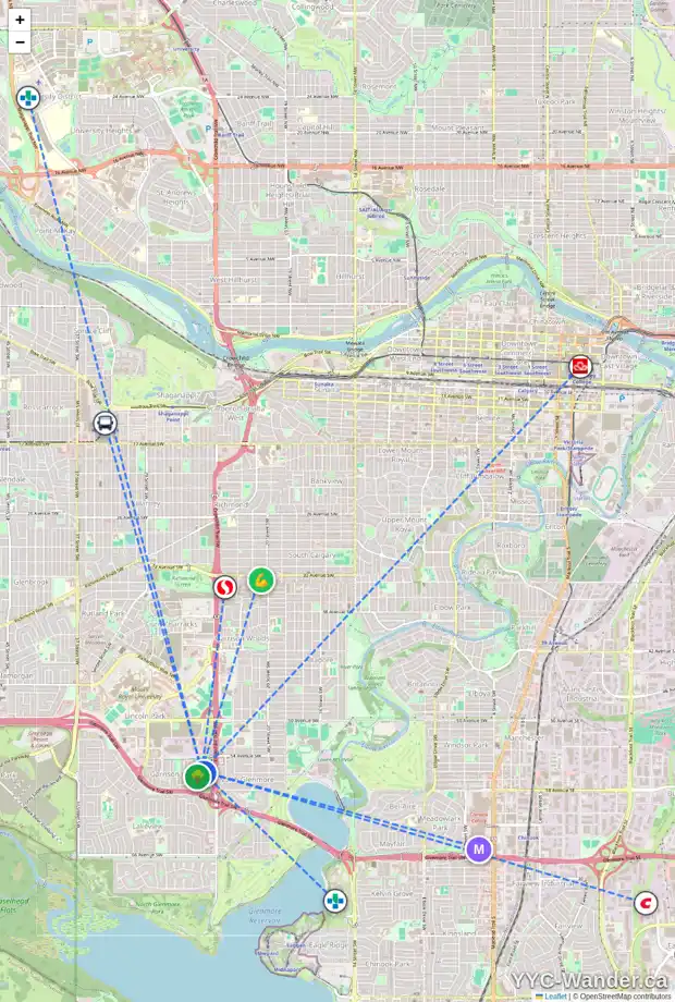 Daily accessibility map for 5564 FORAND ST SW, Calgary showing nearby schools, grocery stores, parks, LRT stations and nearby amenities