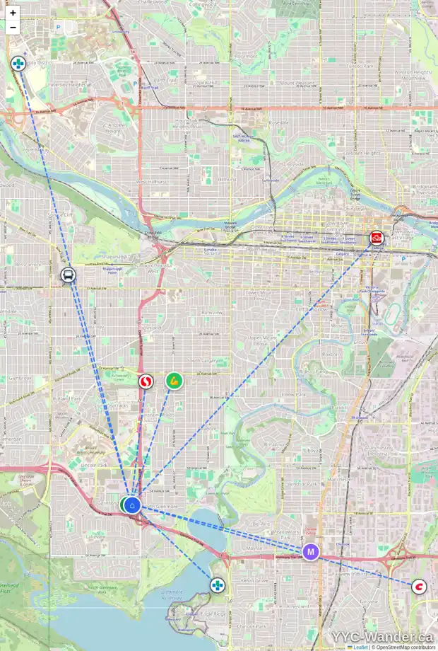 Daily accessibility map for 5606 FORAND ST SW, Calgary showing nearby schools, grocery stores, parks, LRT stations and nearby amenities