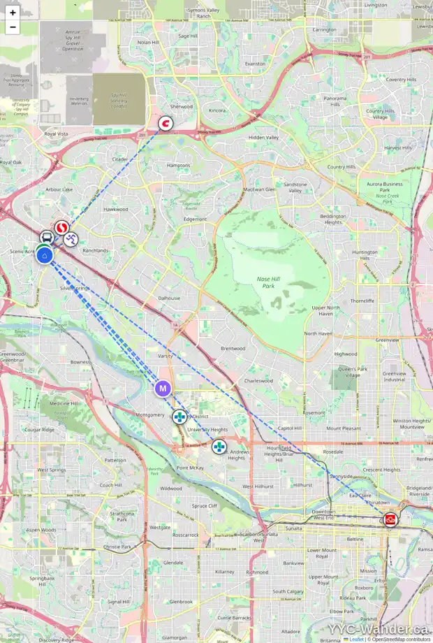 Daily accessibility map for 219 SCENIC WY NW, Calgary showing nearby schools, grocery stores, parks, LRT stations and nearby amenities