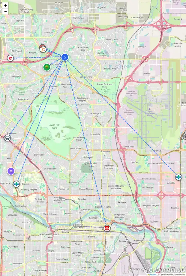 Daily accessibility map for 9 HIDDEN CREEK PA NW, Calgary showing nearby schools, grocery stores, parks, LRT stations and nearby amenities