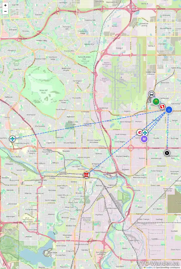 Daily accessibility map for 203 5555 FALSBRIDGE DR NE, Calgary showing nearby schools, grocery stores, parks, LRT stations and nearby amenities