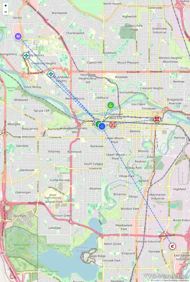 Daily accessibility map for 201 1108 15 ST SW, Calgary showing nearby schools, grocery stores, parks, LRT stations and nearby amenities