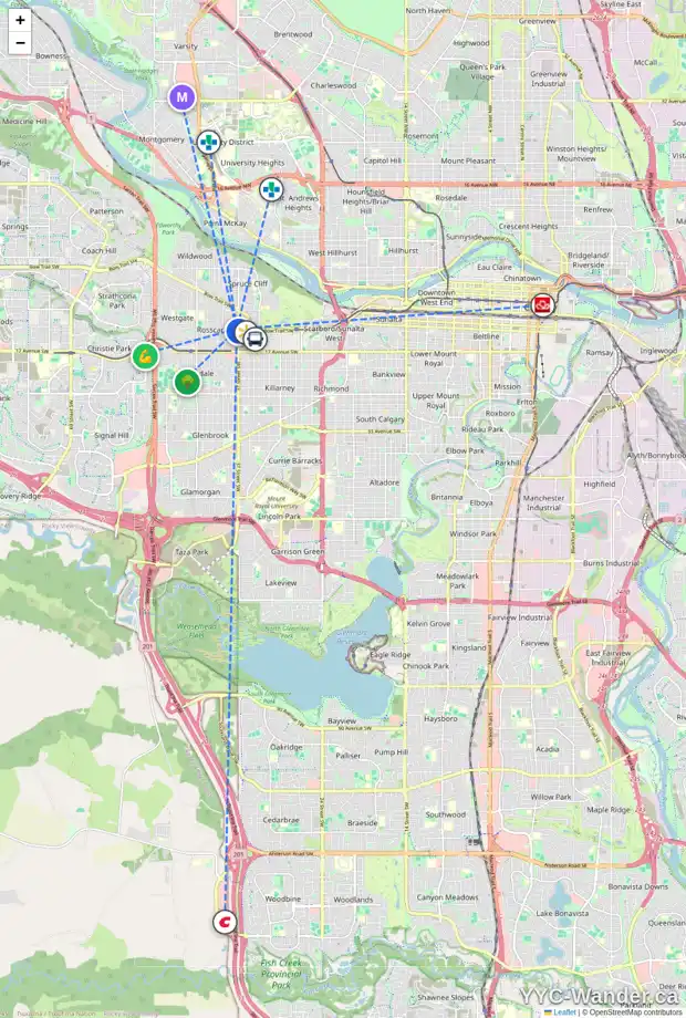 Daily accessibility map for 105 1143 37 ST SW, Calgary showing nearby schools, grocery stores, parks, LRT stations and nearby amenities
