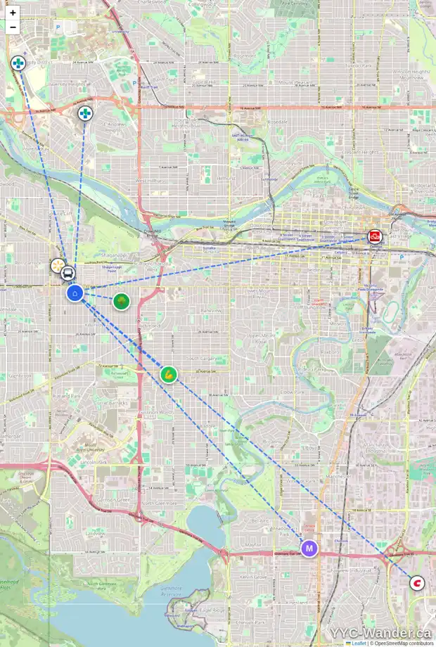 Daily accessibility map for 104 1924 33 ST SW, Calgary showing nearby schools, grocery stores, parks, LRT stations and nearby amenities