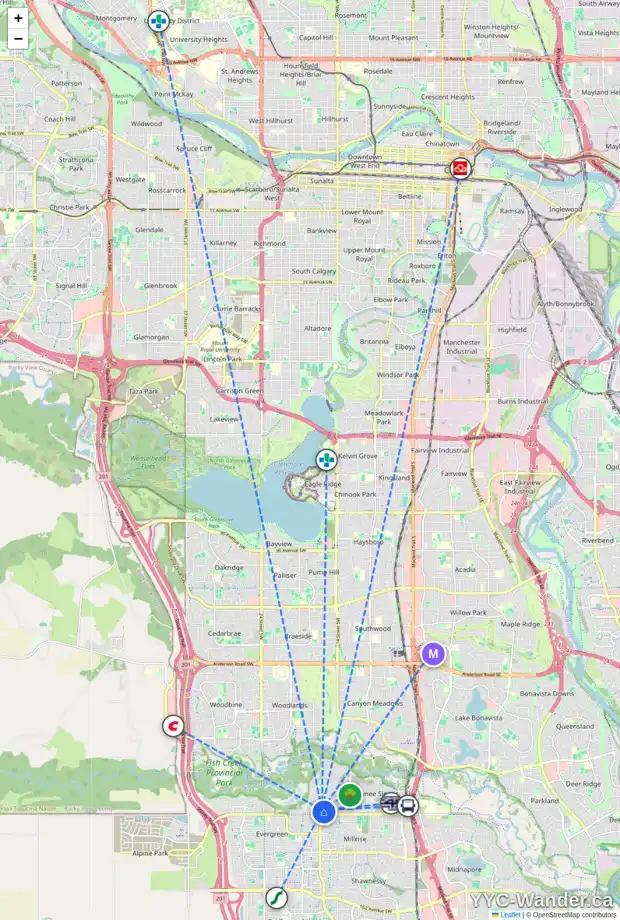 Daily accessibility map for 65 EVERGREEN CR SW, Calgary showing nearby schools, grocery stores, parks, LRT stations and nearby amenities