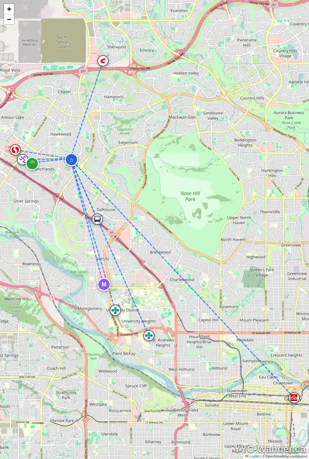 Daily accessibility map for 179 RANCH ESTATES RD NW, Calgary showing nearby schools, grocery stores, parks, LRT stations and nearby amenities