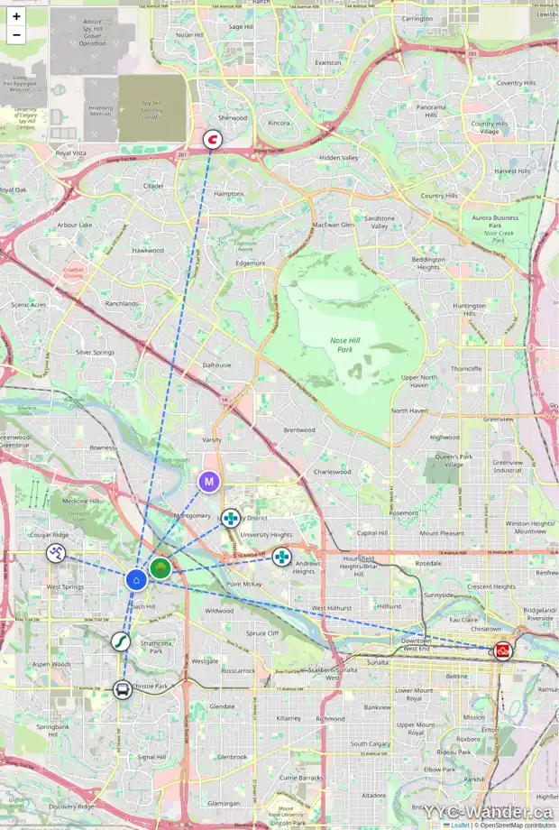 Daily accessibility map for 101 6550 OLD BANFF COACH RD SW, Calgary showing nearby schools, grocery stores, parks, LRT stations and nearby amenities