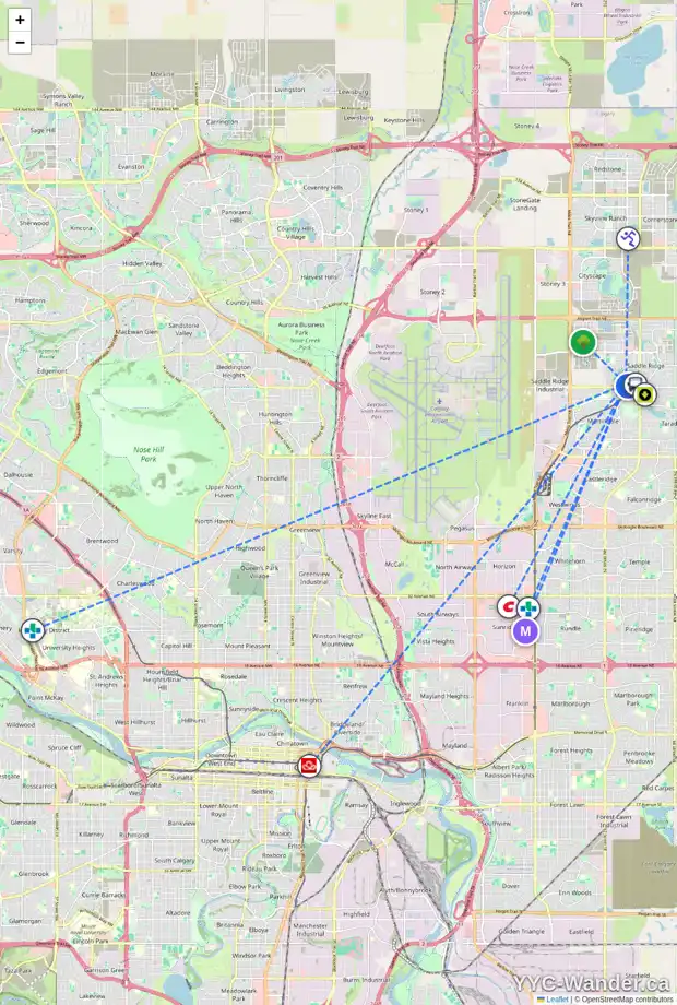 Daily accessibility map for 68 SADDLECREEK TC NE, Calgary showing nearby schools, grocery stores, parks, LRT stations and nearby amenities