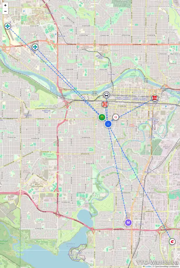 Daily accessibility map for 106 1904 10 ST SW, Calgary showing nearby schools, grocery stores, parks, LRT stations and nearby amenities