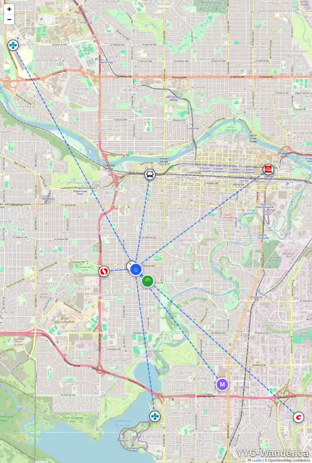 Daily accessibility map for 101 1914 34 AV SW, Calgary showing nearby schools, grocery stores, parks, LRT stations and nearby amenities