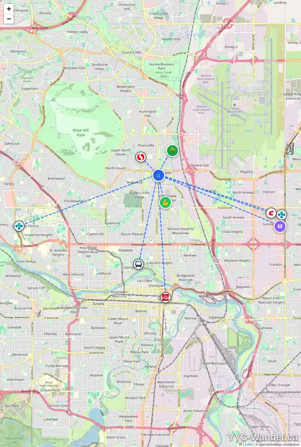 Daily accessibility map for 16 LAYCOCK DR NE, Calgary showing nearby schools, grocery stores, parks, LRT stations and nearby amenities
