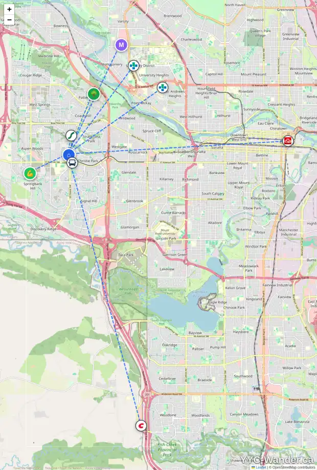 Daily accessibility map for 17 ASPEN MEADOWS HE SW, Calgary showing nearby schools, grocery stores, parks, LRT stations and nearby amenities