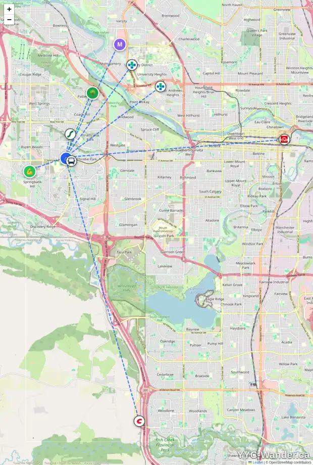 Daily accessibility map for 37 ASPEN MEADOWS PA SW, Calgary showing nearby schools, grocery stores, parks, LRT stations and nearby amenities