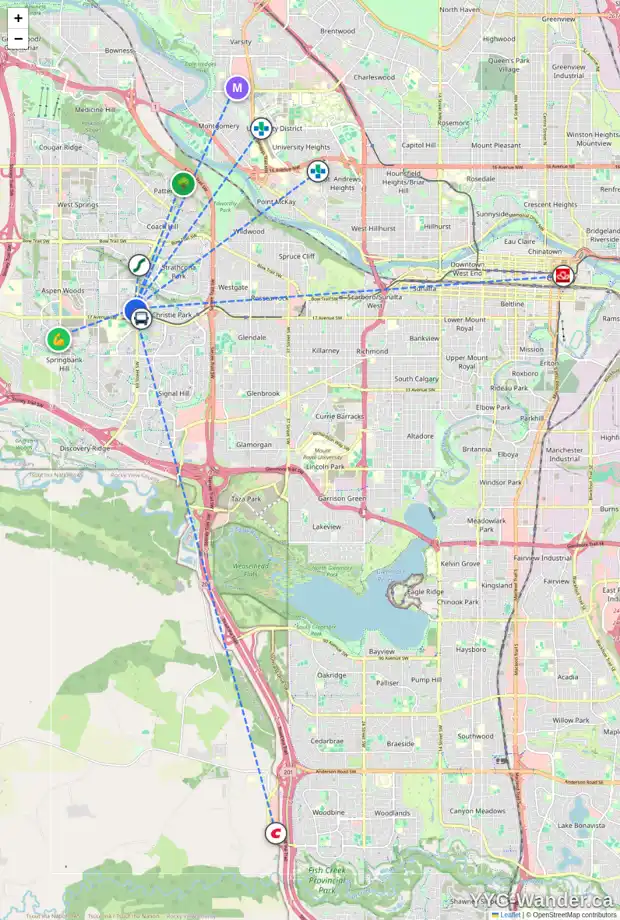 Daily accessibility map for 10 ASPEN MEADOWS PA SW, Calgary showing nearby schools, grocery stores, parks, LRT stations and nearby amenities