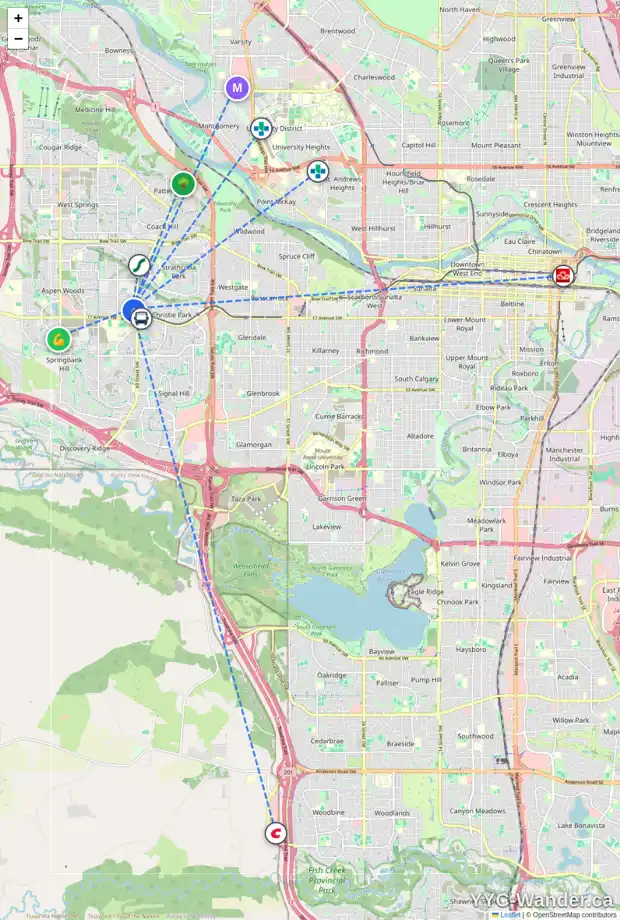Daily accessibility map for 22 ASPEN MEADOWS PA SW, Calgary showing nearby schools, grocery stores, parks, LRT stations and nearby amenities