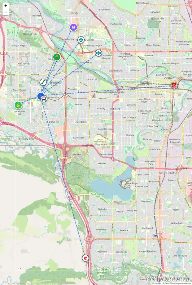 Daily accessibility map for 34 ASPEN MEADOWS PA SW, Calgary showing nearby schools, grocery stores, parks, LRT stations and nearby amenities