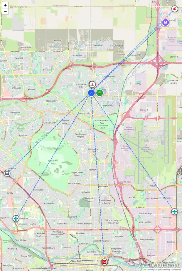 Daily accessibility map for 28 PANAMOUNT GA NW, Calgary showing nearby schools, grocery stores, parks, LRT stations and nearby amenities
