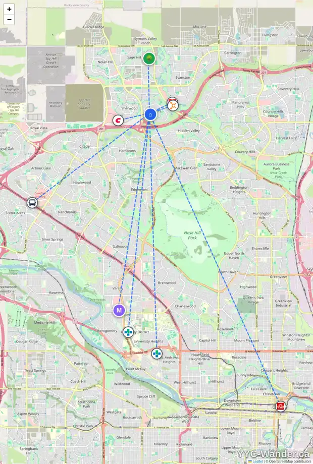 Daily accessibility map for 46 KINCORA MR NW, Calgary showing nearby schools, grocery stores, parks, LRT stations and nearby amenities