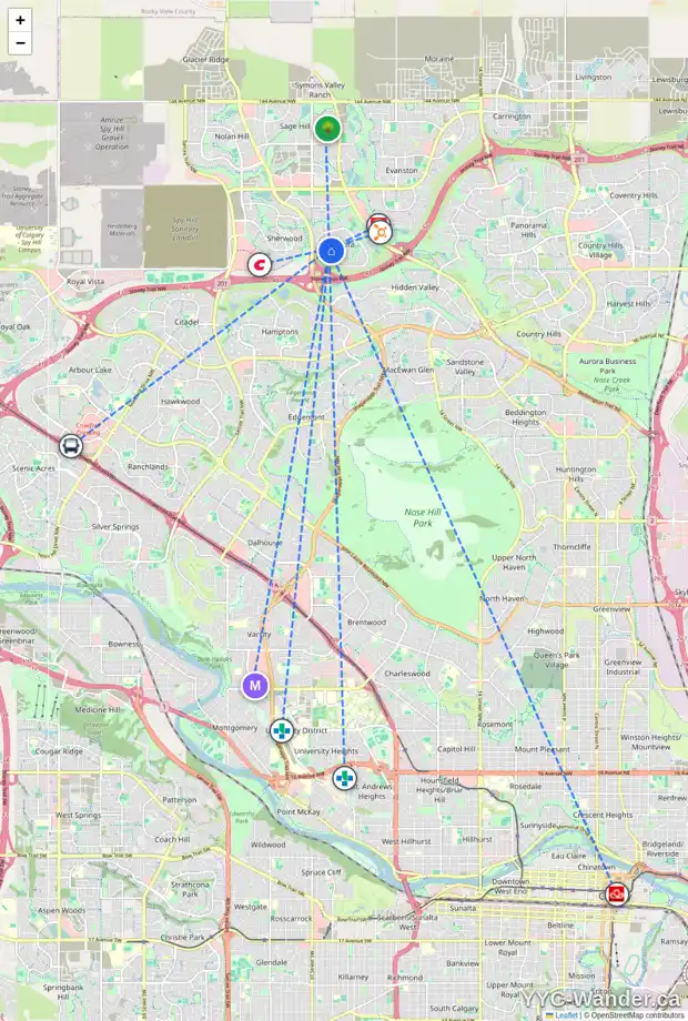 Daily accessibility map for 50 KINCORA MR NW, Calgary showing nearby schools, grocery stores, parks, LRT stations and nearby amenities