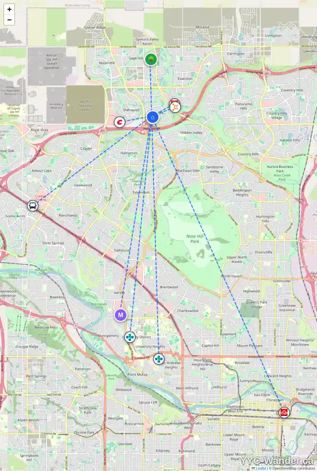 Daily accessibility map for 142 KINCORA MR NW, Calgary showing nearby schools, grocery stores, parks, LRT stations and nearby amenities