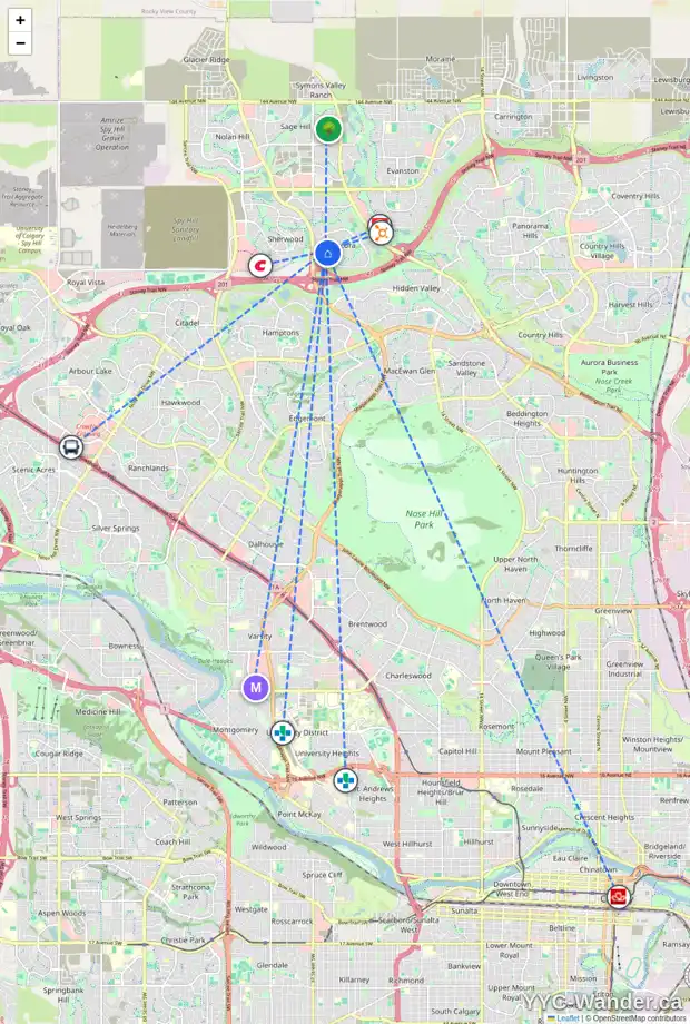 Daily accessibility map for 23 KINCORA MR NW, Calgary showing nearby schools, grocery stores, parks, LRT stations and nearby amenities
