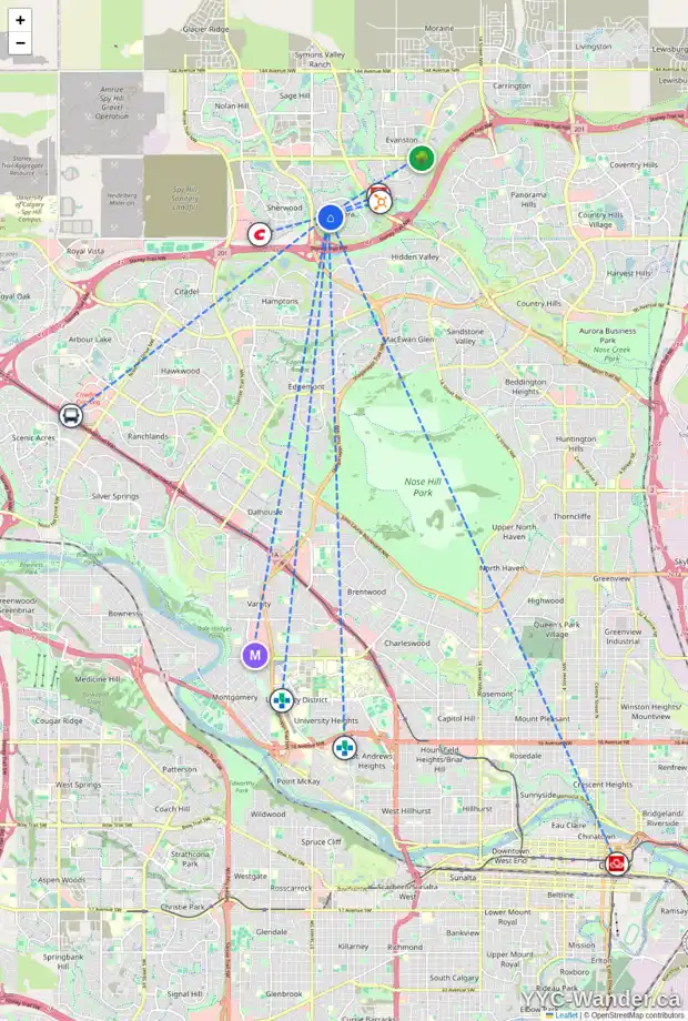 Daily accessibility map for 63 KINCORA MR NW, Calgary showing nearby schools, grocery stores, parks, LRT stations and nearby amenities