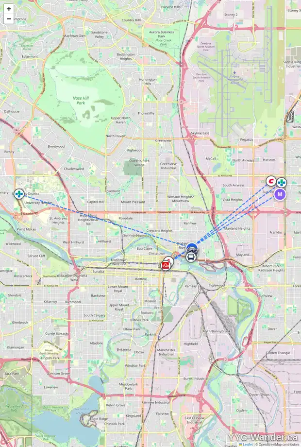 Daily accessibility map for 2 177 9 ST NE, Calgary showing nearby schools, grocery stores, parks, LRT stations and nearby amenities