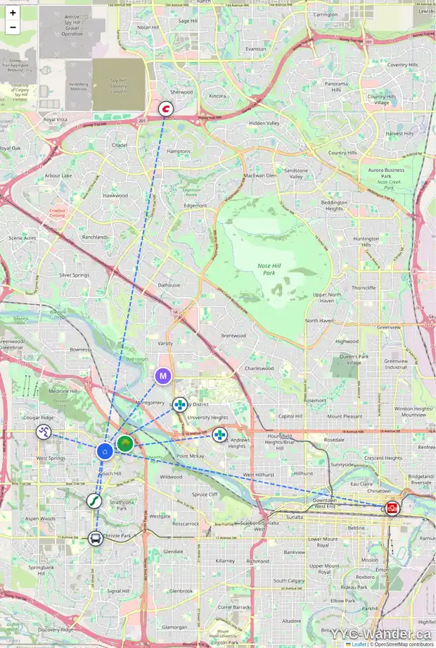 Daily accessibility map for 108 6650 OLD BANFF COACH RD SW, Calgary showing nearby schools, grocery stores, parks, LRT stations and nearby amenities