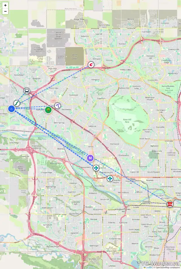 Daily accessibility map for 47 TOSCANA GD NW, Calgary showing nearby schools, grocery stores, parks, LRT stations and nearby amenities