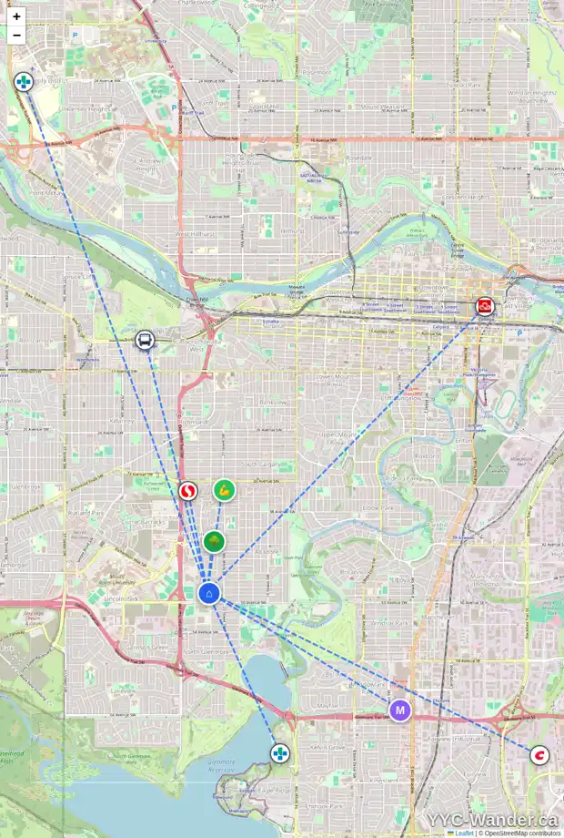 Daily accessibility map for 4929 21 ST SW, Calgary showing nearby schools, grocery stores, parks, LRT stations and nearby amenities