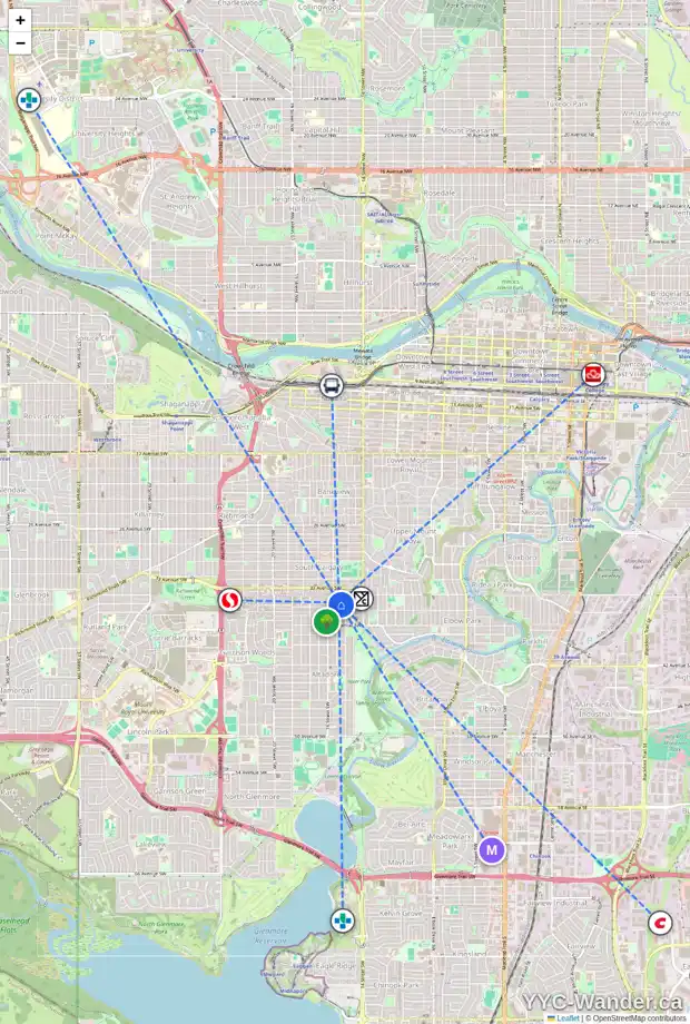 Daily accessibility map for 301 3600 15A ST SW, Calgary showing nearby schools, grocery stores, parks, LRT stations and nearby amenities