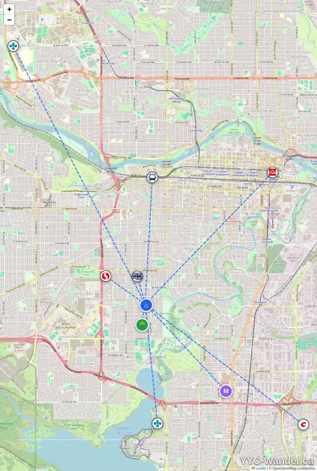 Daily accessibility map for 4219 16A ST SW, Calgary showing nearby schools, grocery stores, parks, LRT stations and nearby amenities