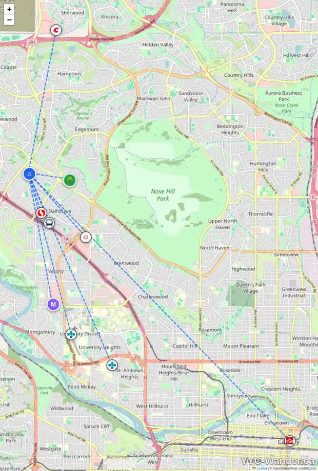 Daily accessibility map for 12 DALCASTLE PL NW, Calgary showing nearby schools, grocery stores, parks, LRT stations and nearby amenities