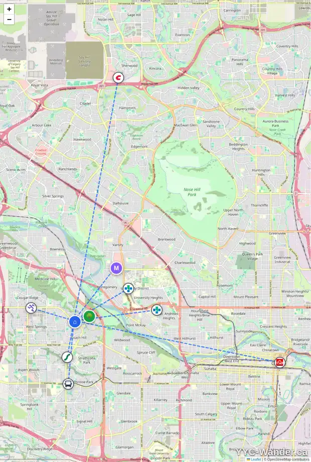 Daily accessibility map for 104 6600 OLD BANFF COACH RD SW, Calgary showing nearby schools, grocery stores, parks, LRT stations and nearby amenities