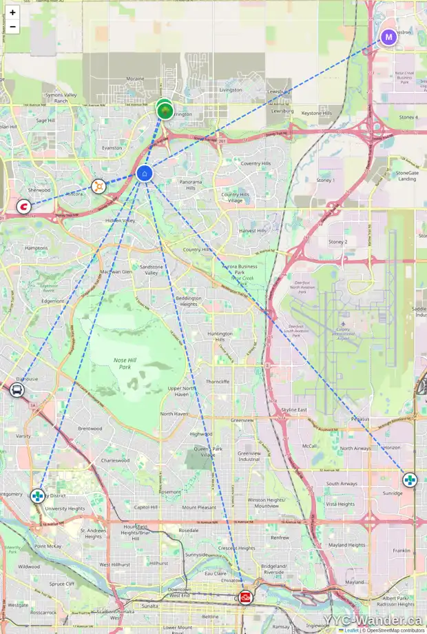 Daily accessibility map for 45 PANTEGO HL NW, Calgary showing nearby schools, grocery stores, parks, LRT stations and nearby amenities