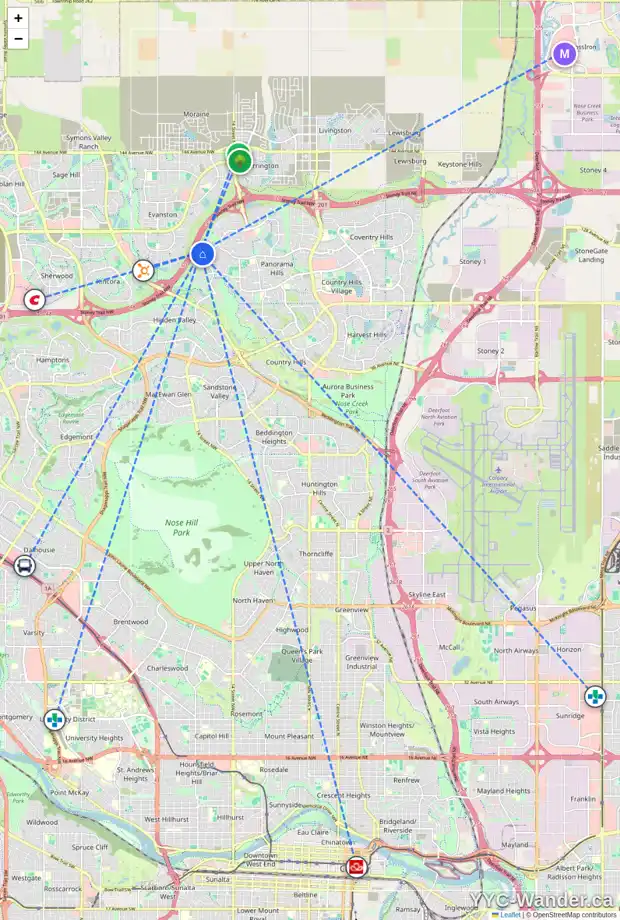 Daily accessibility map for 81 PANTEGO RD NW, Calgary showing nearby schools, grocery stores, parks, LRT stations and nearby amenities