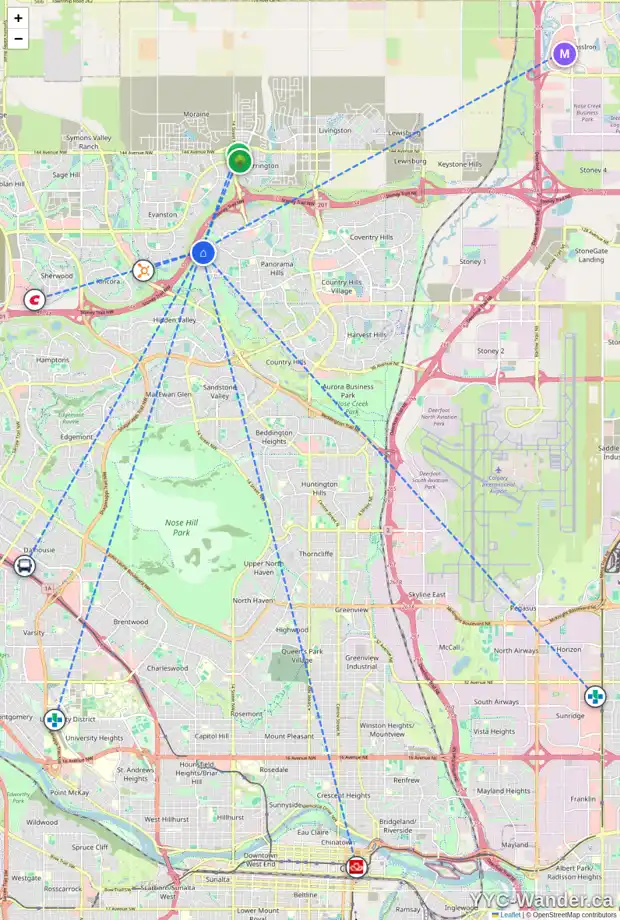 Daily accessibility map for 89 PANTEGO RD NW, Calgary showing nearby schools, grocery stores, parks, LRT stations and nearby amenities